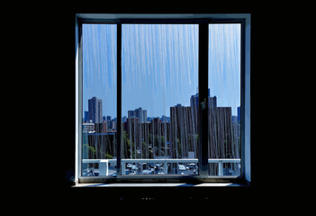 Urban skyline view through window with rain droplets on glass  