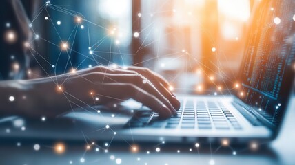 Hands typing networked laptop, generating innovative software with glowing digital interface and on connections