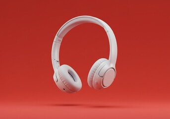 White wireless headphones on red background audio listening equipment