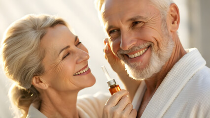 Inclusive Senior Skincare A joyful couple enjoying a moment together, highlighting love and happiness in a serene setting.