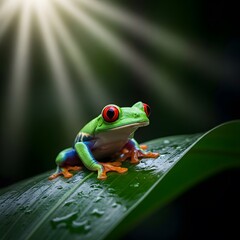 Naklejka premium Vibrant Red-Eyed Tree Frog Perched on a Dewy Leaf, Bathed in a Beam of Golden Sunlight