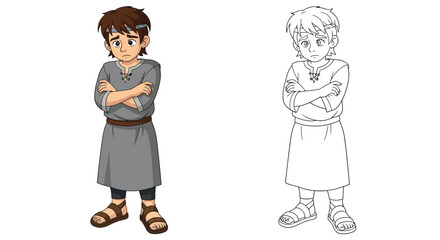 Naklejka premium Character Portrait: A young boy stands with arms crossed, dressed in simple attire. His expression reflects a moment of reflection, capturing a sense of thoughtful introspection. 