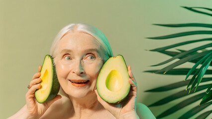 Inclusive Senior Skincare Joyful older woman holding avocados, with a tropical background.