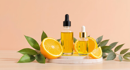Orange Essential Oil Bottles with Oranges and Greenery