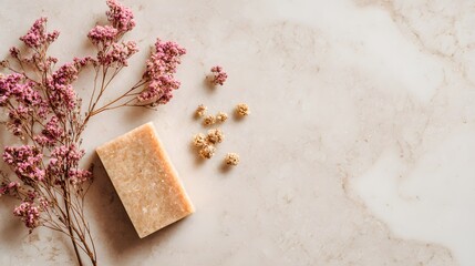 Soothing natural soap with dried flowers cozy home setting wellness aesthetic close-up view