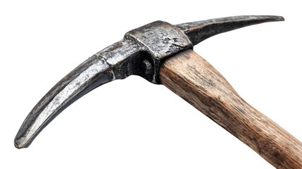 Close up view of a weathered pickaxe with a wooden handle against a dark background in sharp focus