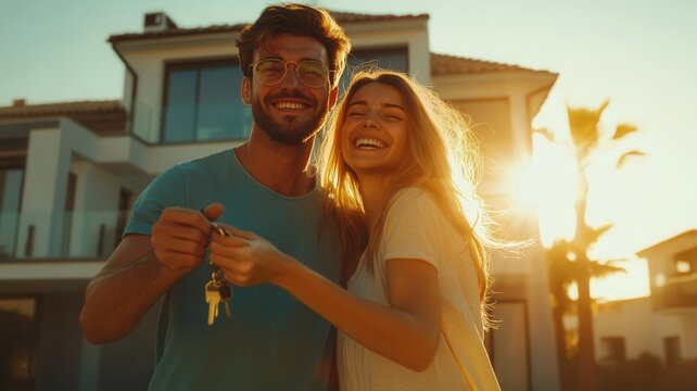Smiling couple holding house keys, celebrating homeownership milestone and expressing excitement about recent real estate purchase - Powered by Adobe