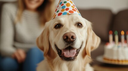 Golden retriever near festive party hat celebrating birthday, surrounded by family wearing decorated cake