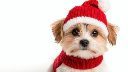 Adorable puppy with christmas hat resting on white blanket with bokeh lights background, scene a festive holiday creating