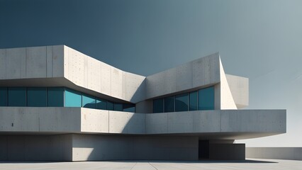 Modern office building with glass facade under blue city sky