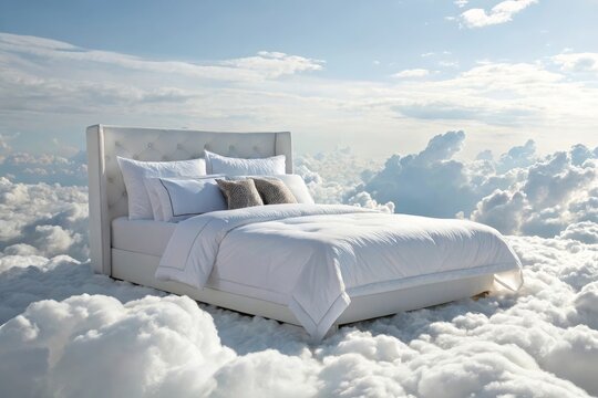 Luxurious white bed floating among soft clouds under a blue sky