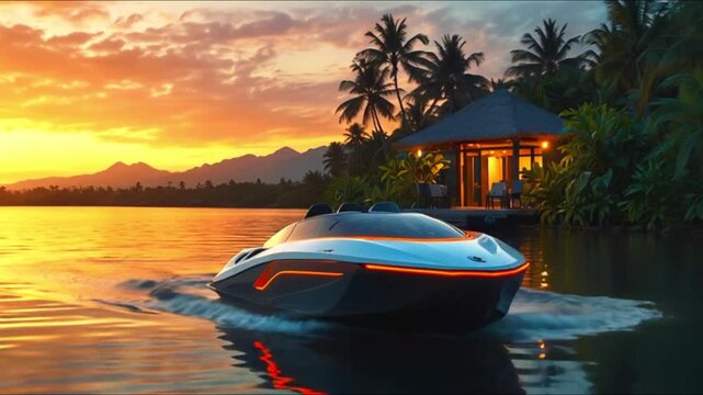 A sleek, futuristic-looking boat with a glowing exterior, sailing on calm waters near a tropical island at sunset.