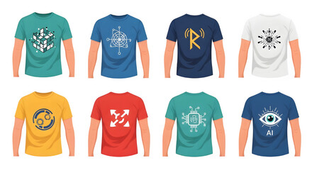 Collection of t shirts with abstract and tech designs isolated on transparent background