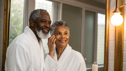Inclusive Senior Skincare A joyful couple smiles in the bathroom, wearing white robes and enjoying a moment together.
