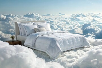 Luxurious white bed floating comfortably amongst soft clouds under a blue sky