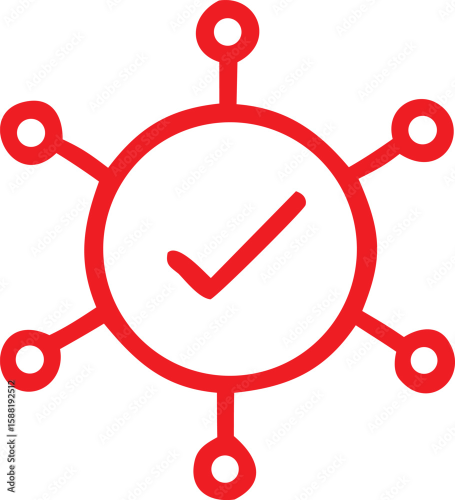 Poster red checkmark inside a circular network with connecting nodes symbolizing approval and interconnecte