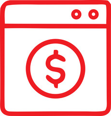 Red stylized icon of a computer screen or window displaying a dollar sign within a circle symbolizing financial transactions or online payments