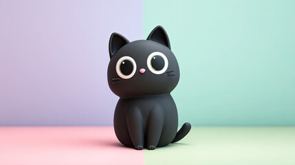 A cartoonish black cat with big eyes sitting on a split pastel colored background in a studio setting