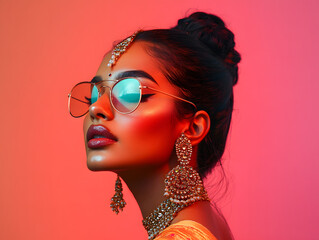An indian woman with makeup, jewelry, and sunglasses poses with a confident look