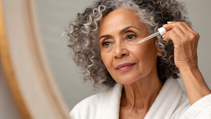 Inclusive Senior Skincare Senior woman applying skincare in front of a mirror, showcasing self-care and beauty routine.