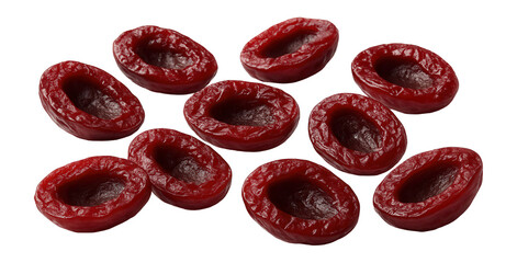 Three chicken nuggets skewered on a bamboo stick, displayed vertically.