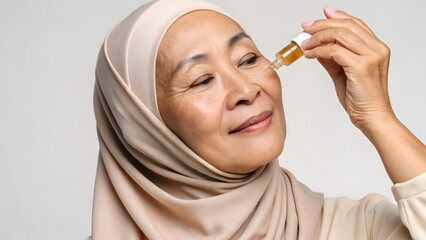 Inclusive Senior Skincare Elderly woman applying serum to her face, wearing a hijab, radiating beauty and confidence.