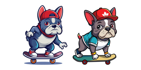 French Bulldog Skateboarding Vector Illustration, Cool Dog Wearing Backwards Cap, Urban Street Style Pet Design, Playful Frenchie with One Paw Up, Vector Art