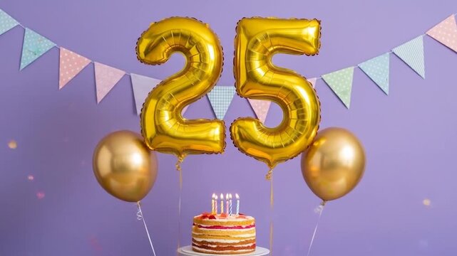 Birthday decorations with number 25 balloons and cake