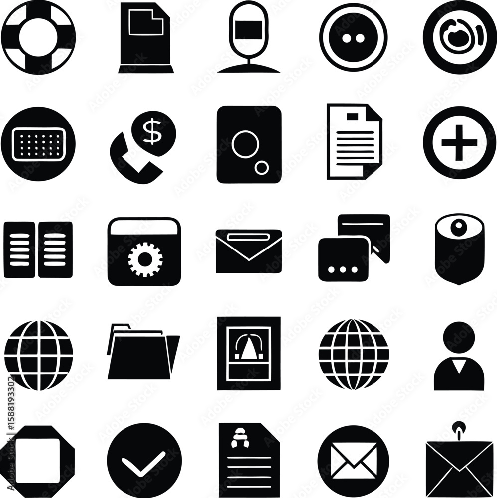 Fototapete a collection of diverse black and white vector icons representing various digital and real world obj