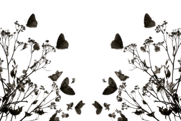 Butterflies flutter among delicate branches isolated on transparent background