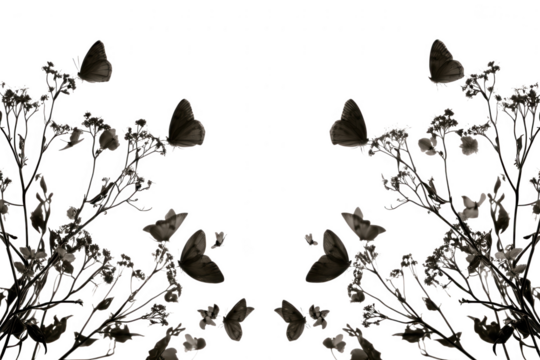 Butterflies flutter among delicate branches isolated on transparent background