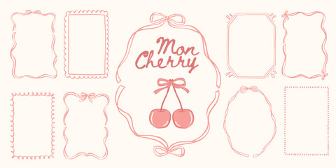 Hand drawn vintage frame with ribbon, bow, whimsical doodle line and cute French coquette details for romantic stationery, greeting cards, branding or delicate packaging design.