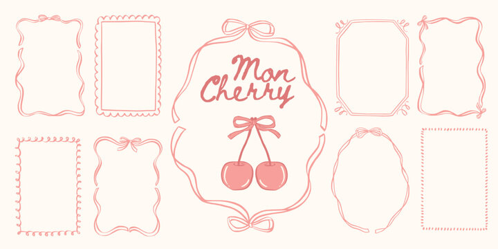 Hand drawn vintage frame with ribbon, bow, whimsical doodle line and cute French coquette details for romantic stationery, greeting cards, branding or delicate packaging design.