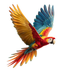 Fototapeta premium A colorful macaw in midflight against a on transparent background