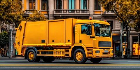 Bright yellow garbage truck navigating city streets during a sunny afternoon in an urban environment
