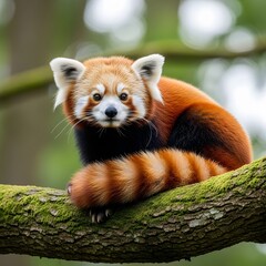 Adorable Red Panda Resting Peacefully on a Mossy Branch, Capturing the Tranquility and Charm of Wildlife in Its Natural Habitat