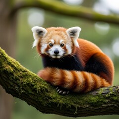 Adorable Red Panda Rests Peacefully on a Mossy Tree Branch in its Natural Habitat, Showcasing its Unique Beauty and Tranquil Presence in the Wild