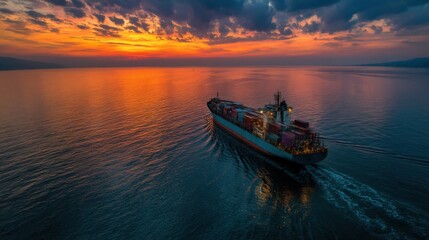 Fototapeta premium Large cargo ship sailing on calm waters during vibrant sunset near coastal horizon