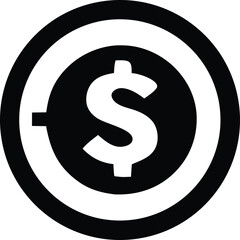 Stylized black and white graphic symbol featuring a dollar sign enclosed within concentric circles representing currency or financial value
