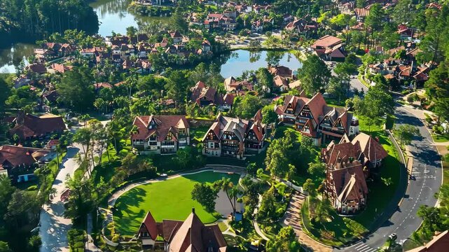 Stunning aerial view of Gramado, Rio Grande do Sul, showcasing unique architecture and lush landscapes in Brazil, Aerial view of Gramado, Rio Grande do Sul, Brazil Church Matriz S&Atilde;&pound;o Pedro