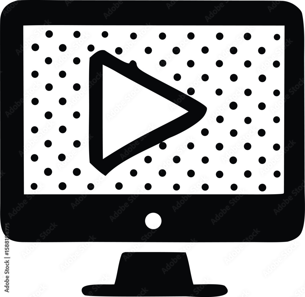 Fototapete A simple black and white illustration of a computer monitor displaying a play button icon with a dotted background pattern