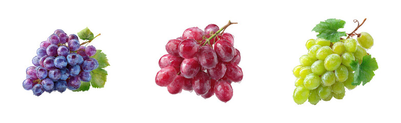 Fototapeta premium Assorted grapes trio: purple, red, and green clusters with leaves on white background. Cut out set PNG