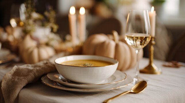 Elegant autumnal feast with creamy pumpkin soup, golden cutlery, and flickering candles, evoking Samhain warmth and harvest nostalgia