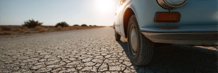 Rustic vintage car journeys along a cracked desert road, evoking wanderlust and adventure on National Road Trip Day