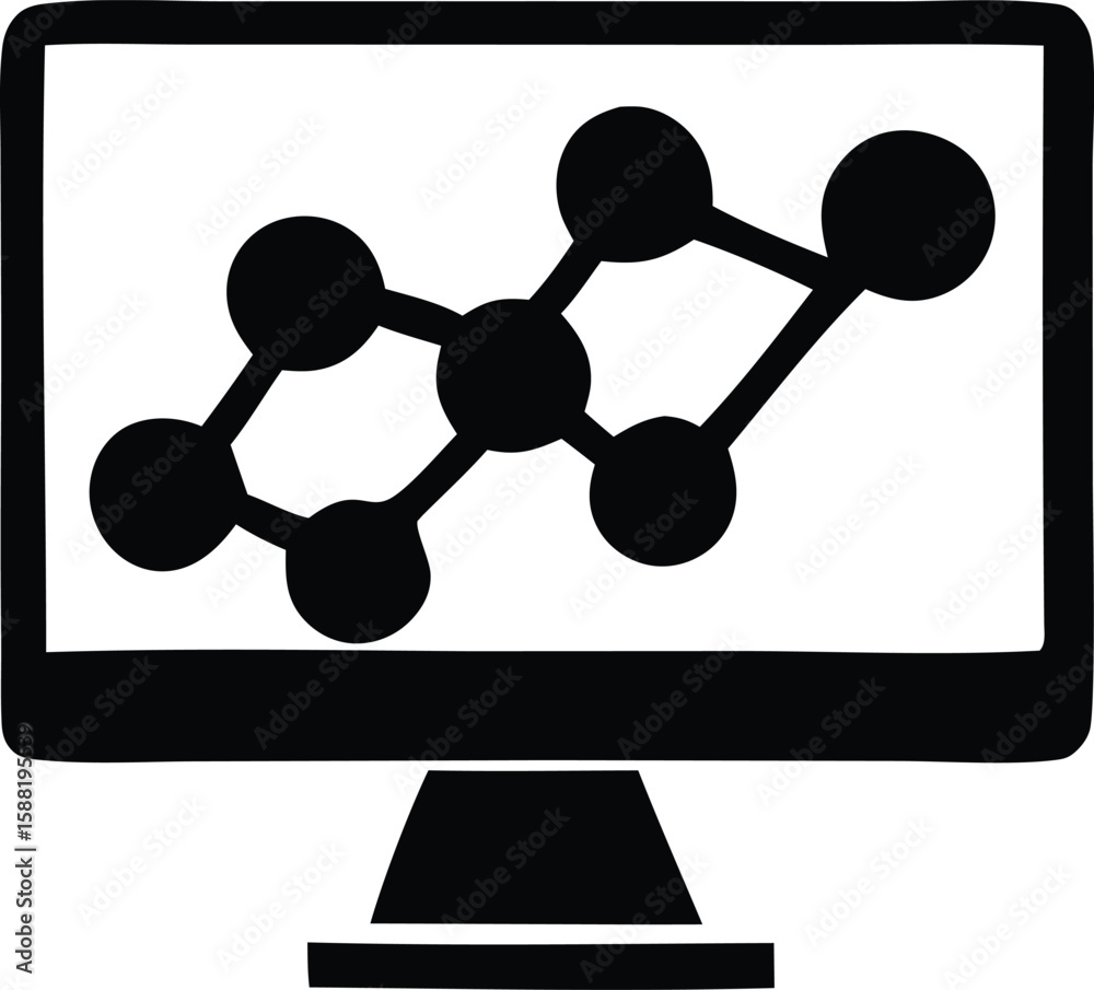 Aufkleber a stylized black and white icon depicting a computer monitor displaying a network graph with interco