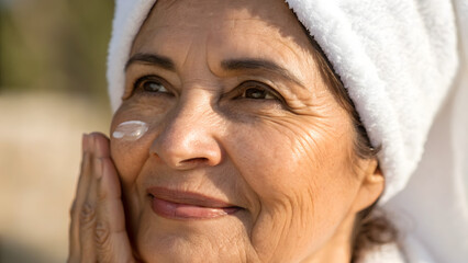 Inclusive Senior Skincare A woman applies skincare while smiling, showcasing a natural and serene beauty routine.