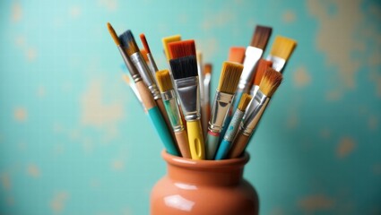 various paintbrushes in a rustic vase