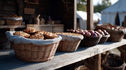 Vintage wicker baskets brim with golden pies and rustic apples, evoking Harvest Home joy and Lammas Day celebrations