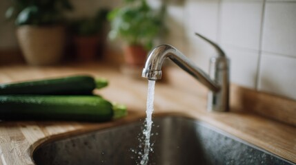 Glistening faucet serenades cucumbers with refreshing splash, renewing kitchen rituals, evoking World Water Day and culinary mindfulness