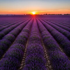 Obraz premium Vibrant Lavender Field at Sunset: Rows of Purple Blooms Illuminated by the Golden Hour, Evoking Serenity and Natural Beauty